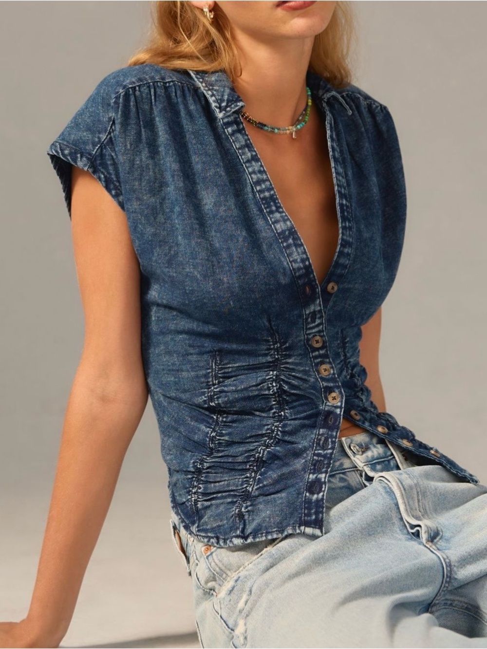 Anthropologie Pilcro Ruched Denim Top